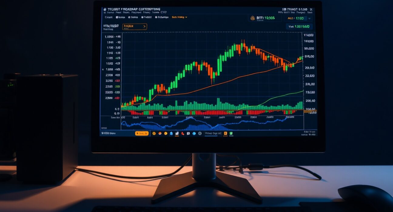Computer monitor displaying BTC/USDT Spot CVD chart with Volume Heatmap and CVD indicator