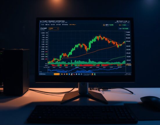 Computer monitor displaying BTC/USDT Spot CVD chart with Volume Heatmap and CVD indicator