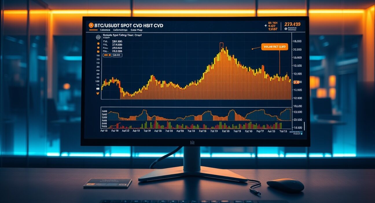 BTC/USDT Spot CVD chart on a monitor with Volume Heatmap and Cumulative Volume Delta indicators.