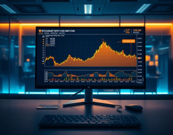 BTC/USDT Spot CVD chart on a monitor with Volume Heatmap and Cumulative Volume Delta indicators.