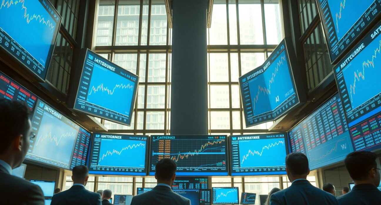Stock exchange trading floor with digital screens showing rising AI stock charts