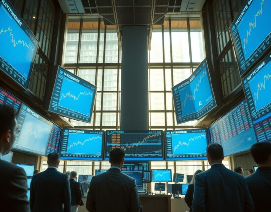 Stock exchange trading floor with digital screens showing rising AI stock charts