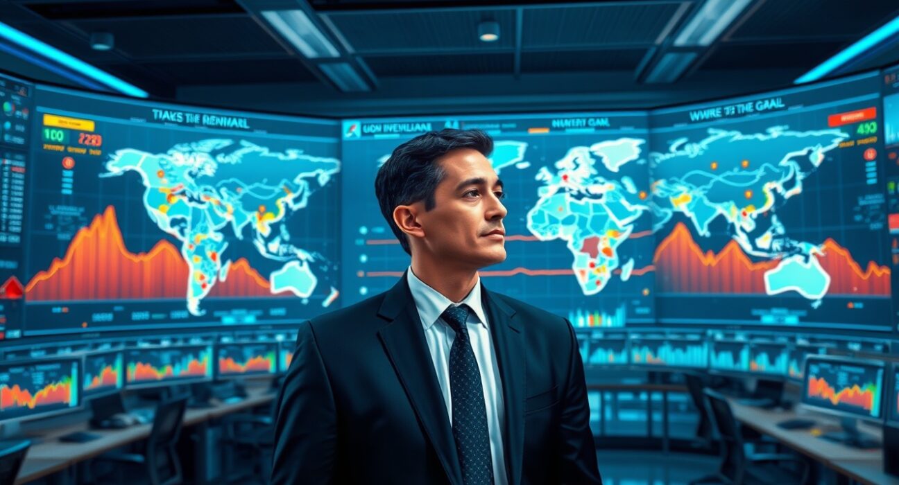 Financial analyst using AI-driven equity analysis with regional investment heat maps at HSBC