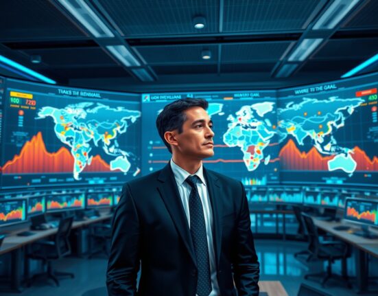 Financial analyst using AI-driven equity analysis with regional investment heat maps at HSBC