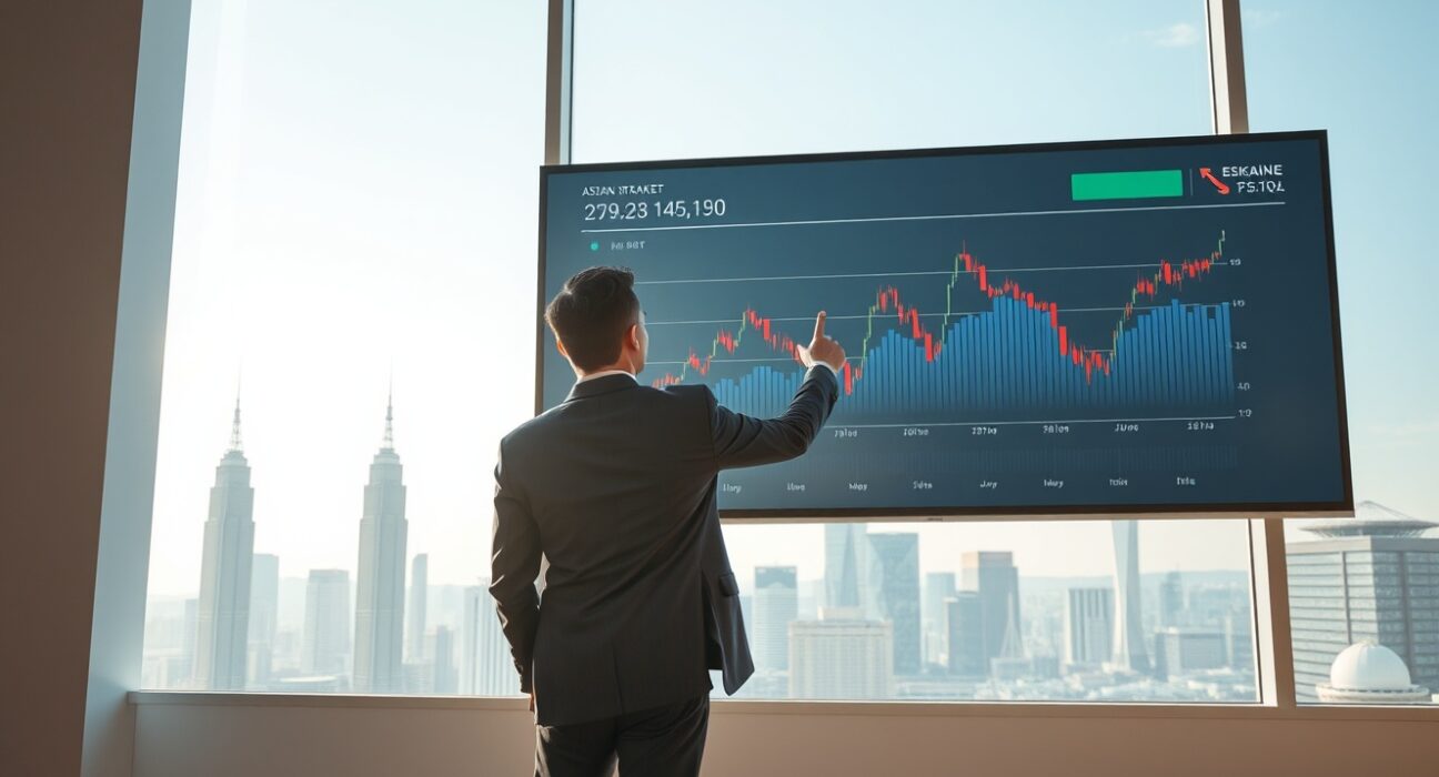 Financial analyst reviewing Asian stock market data on a large screen in a modern office
