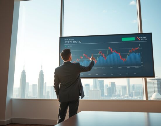 Financial analyst reviewing Asian stock market data on a large screen in a modern office