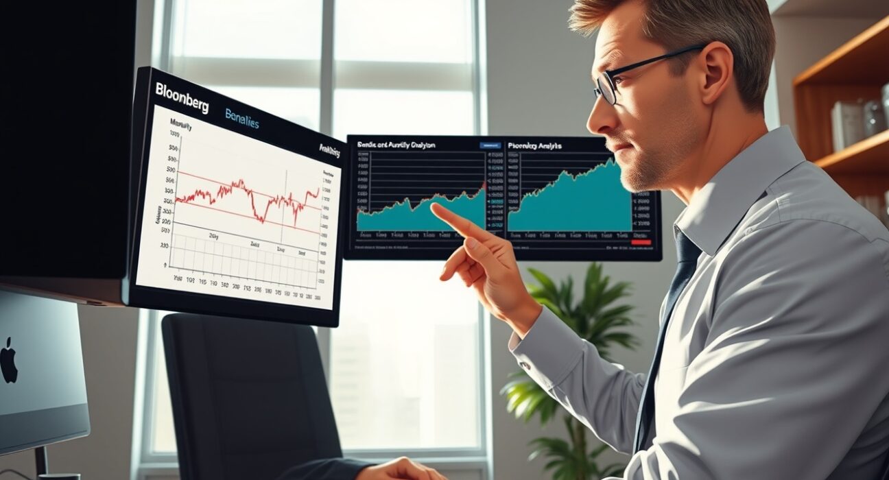 Financial analyst examining HSBC's bond investment strategy with income focus and duration management on trading screens.
