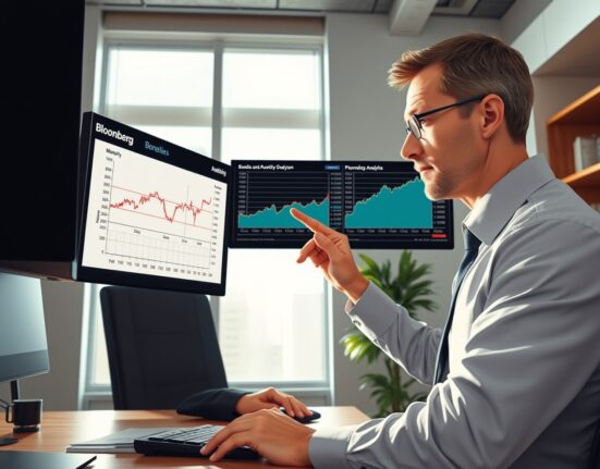 Financial analyst examining HSBC's bond investment strategy with income focus and duration management on trading screens.