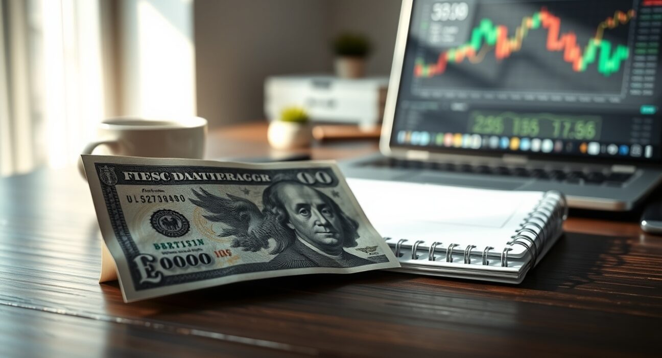 British pound and US dollar banknotes on a desk with a downward chart in background