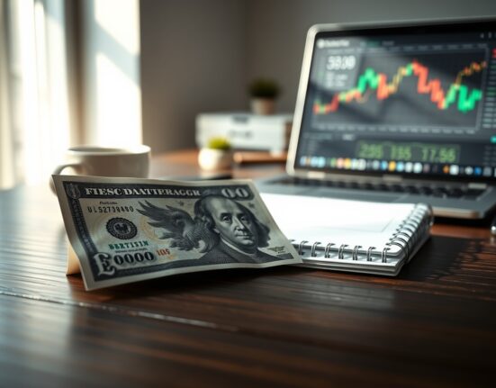 British pound and US dollar banknotes on a desk with a downward chart in background