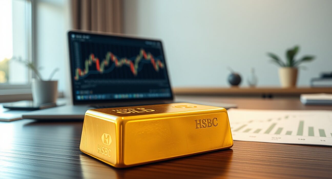 Gold bullion bar with HSBC financial analysis showing changing market behavior patterns