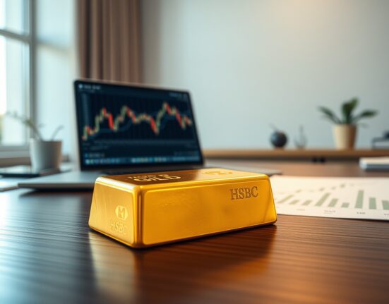 Gold bullion bar with HSBC financial analysis showing changing market behavior patterns