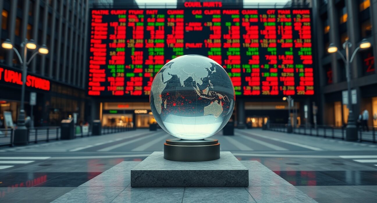 Global financial district at dusk with a calm globe sculpture and a volatile stock ticker in the background