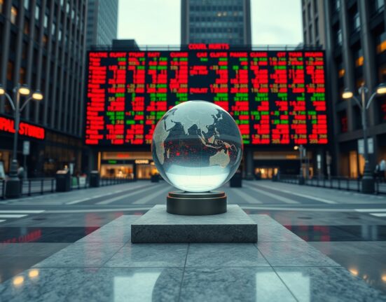 Global financial district at dusk with a calm globe sculpture and a volatile stock ticker in the background