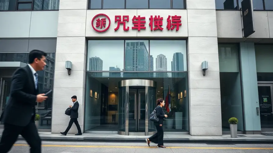 Street-level view of a modern Hong Kong bank branch facade where HSBC plans to introduce its RedCoin stablecoin