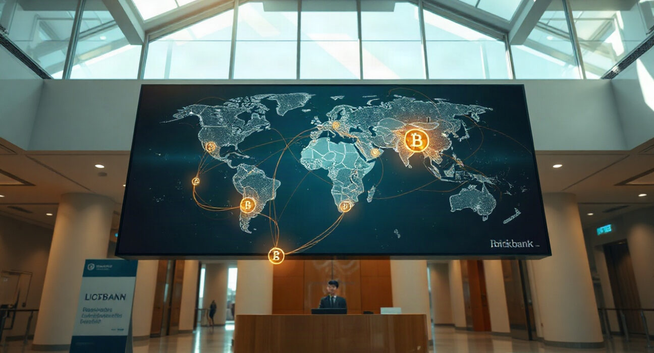 Digital display in a modern bank showing global payment network and blockchain nodes for interbank settlement