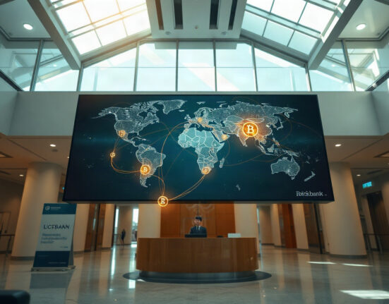 Digital display in a modern bank showing global payment network and blockchain nodes for interbank settlement