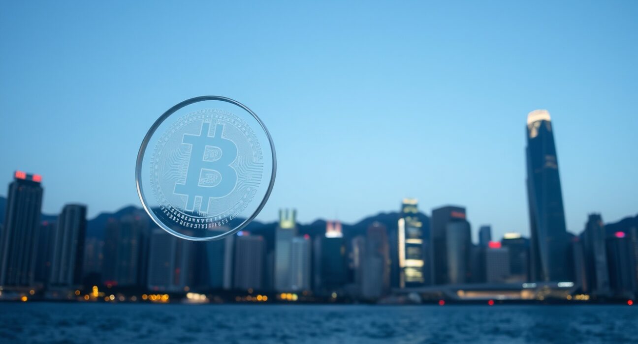 Hong Kong stablecoin license represented by a digital token over the city's financial district skyline.