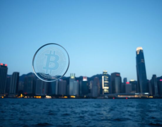 Hong Kong stablecoin license represented by a digital token over the city's financial district skyline.