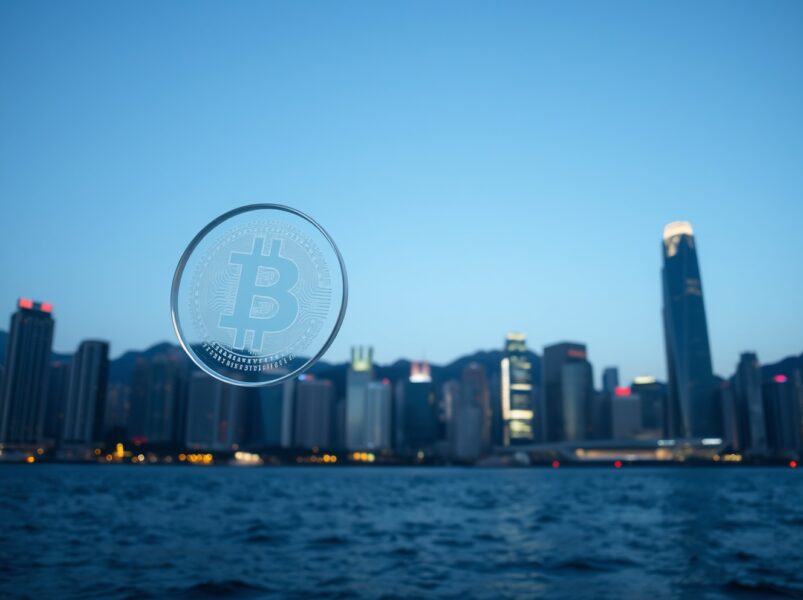 Hong Kong stablecoin license represented by a digital token over the city's financial district skyline.