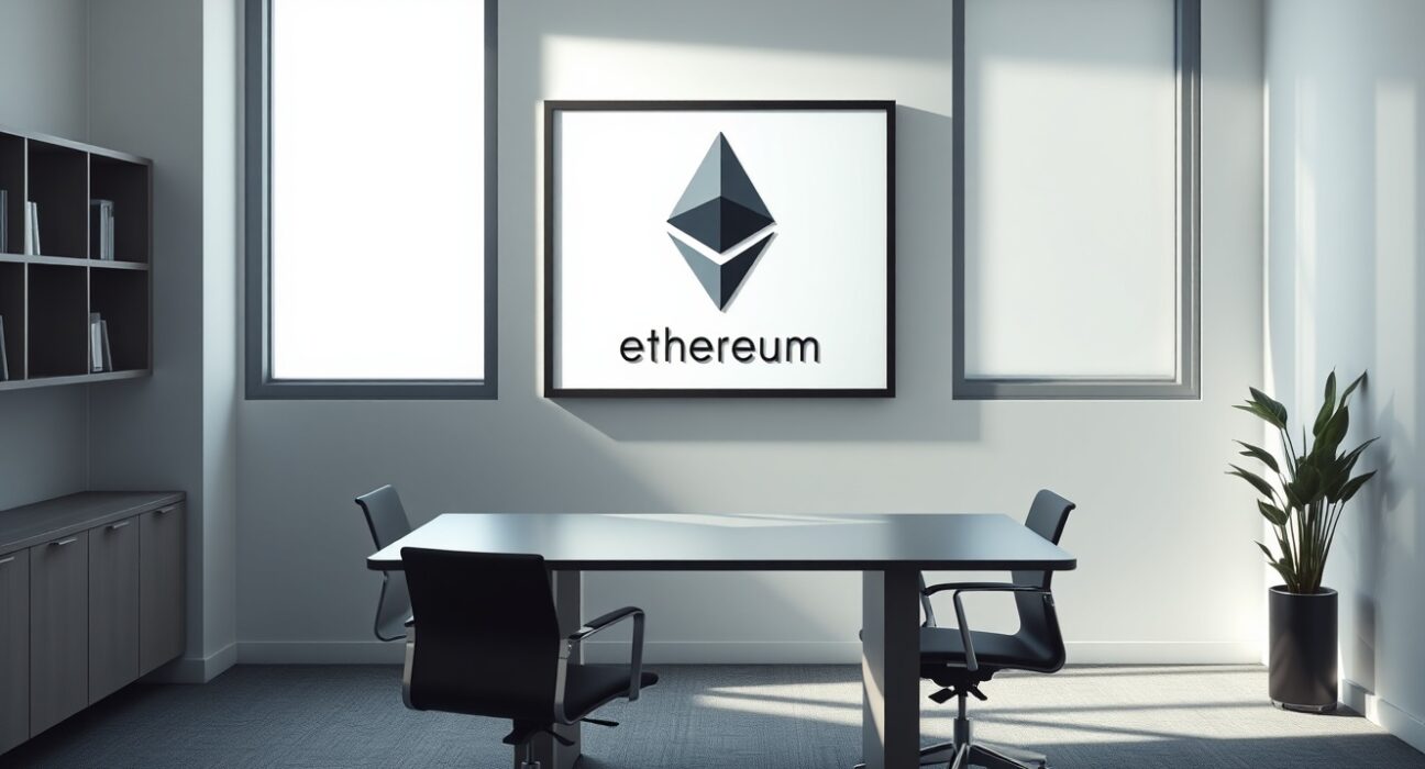 Empty executive desk with Ethereum Foundation logo in a modern office, representing leadership transition