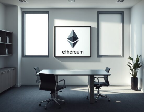 Empty executive desk with Ethereum Foundation logo in a modern office, representing leadership transition
