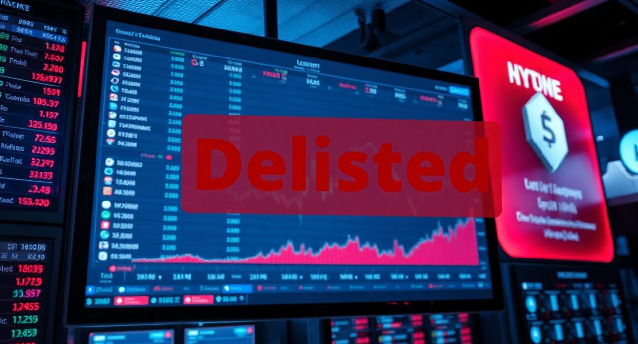 Cryptocurrency exchange interface showing a delisted token warning in a dimly lit trading environment