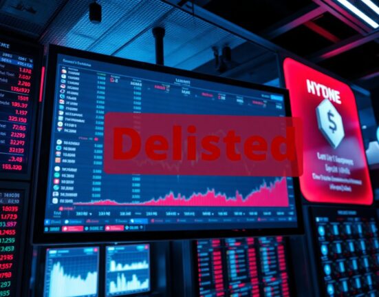 Cryptocurrency exchange interface showing a delisted token warning in a dimly lit trading environment