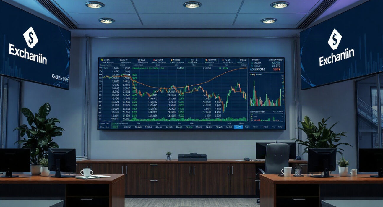 HTX cryptocurrency exchange office with screens showing transaction data