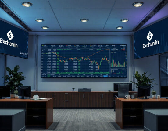 HTX cryptocurrency exchange office with screens showing transaction data