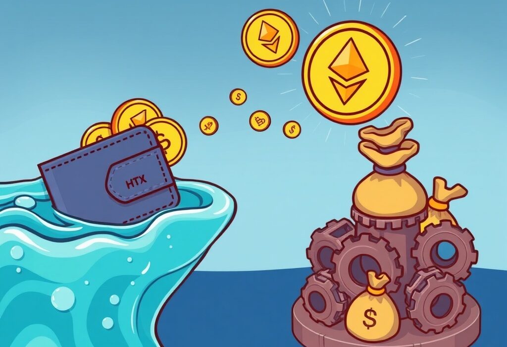 Cartoon illustration of the HTX Recovery Hot Wallet executing a large ETH unstaking and deposit, symbolizing a crucial move in DeFi.