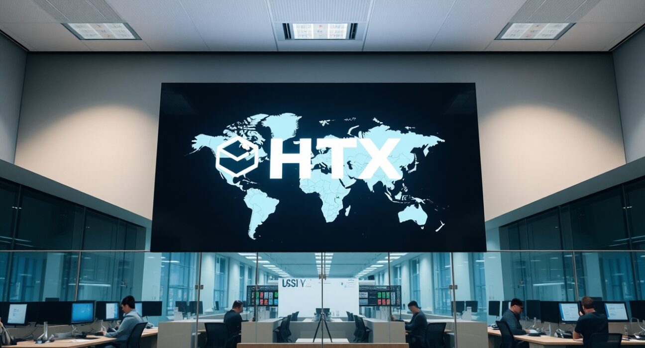 HTX cryptocurrency exchange office with digital screen showing logo and world map