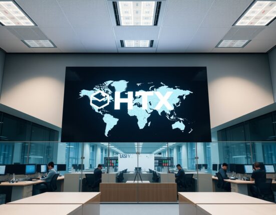 HTX cryptocurrency exchange office with digital screen showing logo and world map