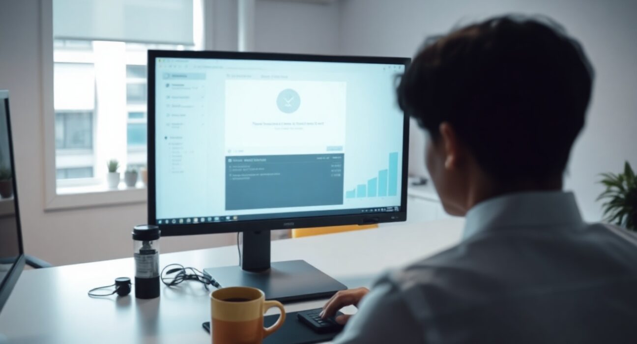 Person looking at a frozen crypto exchange account screen with a warning message in a modern office