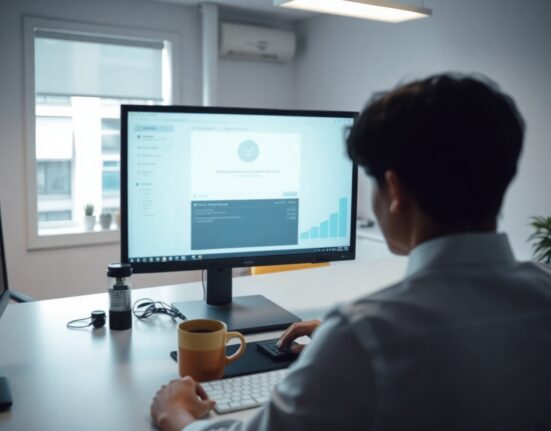 Person looking at a frozen crypto exchange account screen with a warning message in a modern office