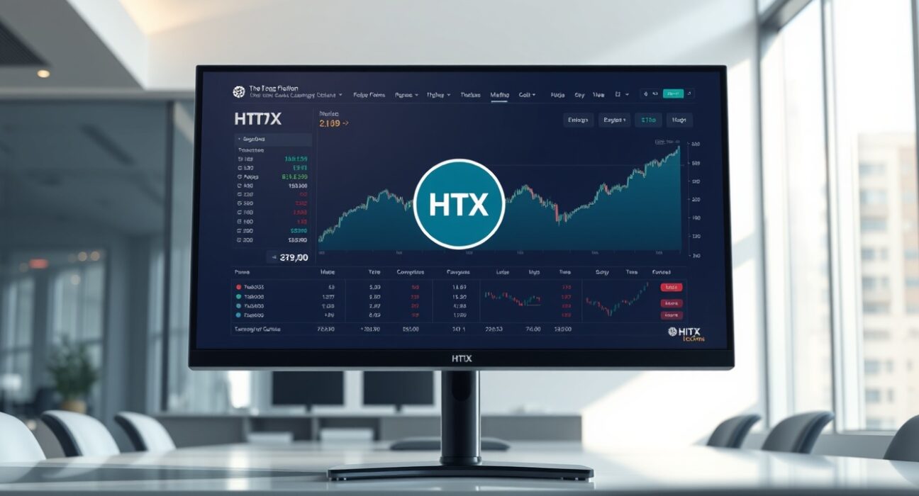 HTX token displayed as the central focus on a professional cryptocurrency exchange trading dashboard.