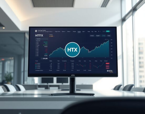 HTX token displayed as the central focus on a professional cryptocurrency exchange trading dashboard.