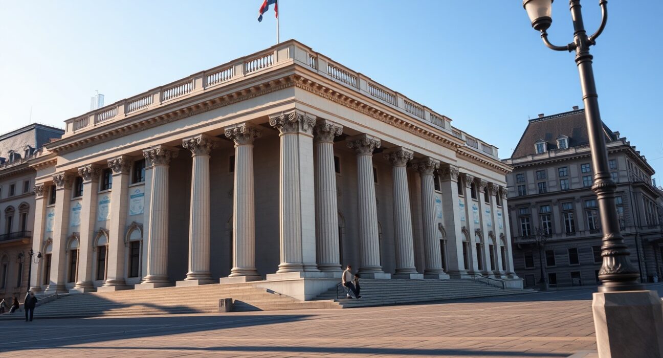 Hungarian National Bank headquarters building representing hawkish monetary policy stance affecting HUF.