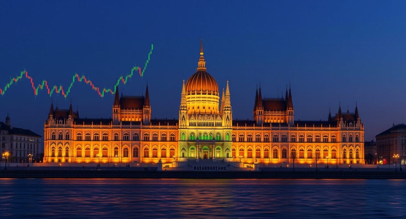 HUF market repricing analysis: Hungarian Parliament building with financial charts representing stable monetary policy outlook by Commerzbank