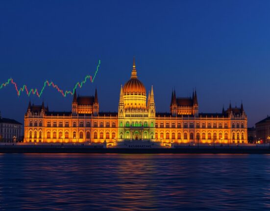 HUF market repricing analysis: Hungarian Parliament building with financial charts representing stable monetary policy outlook by Commerzbank
