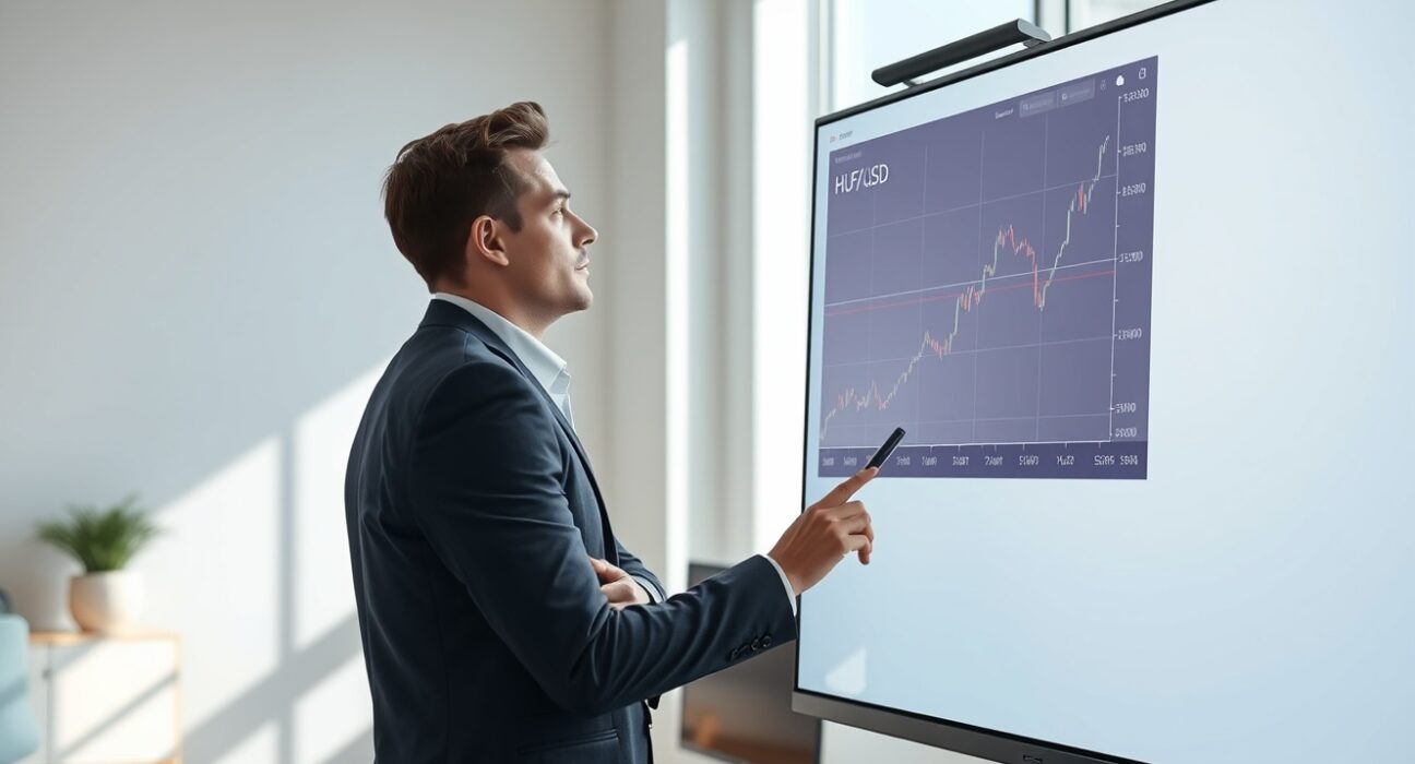 Financial analyst reviewing HUF/USD exchange rate chart for BCA Research currency forecast.