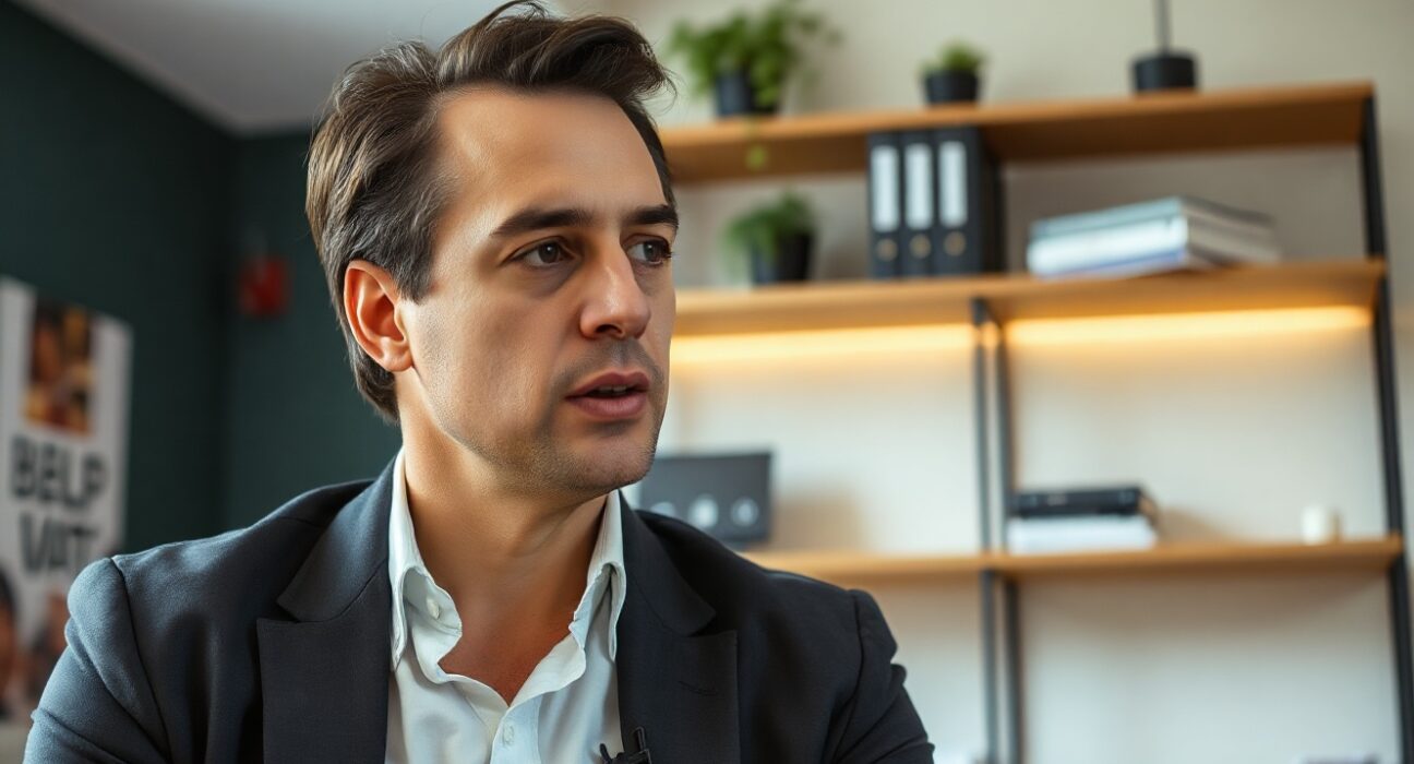 Clem Delangue, CEO of Hugging Face, in a professional office setting speaking about open source AI