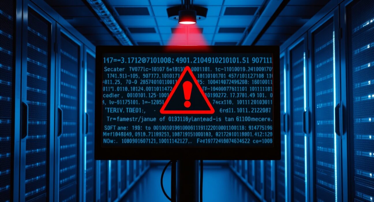 Data center server room with red cyberattack alert on central monitor, representing Hugging Face CEO's response to OpenAI hack