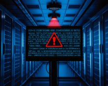 Data center server room with red cyberattack alert on central monitor, representing Hugging Face CEO's response to OpenAI hack