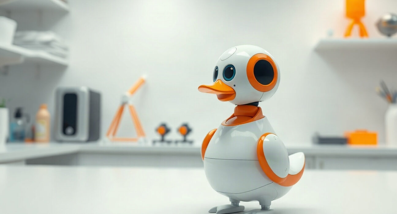 Hugging Face Microduck robot on a lab desk, showing its camera and sensors.
