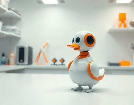 Hugging Face Microduck robot on a lab desk, showing its camera and sensors.