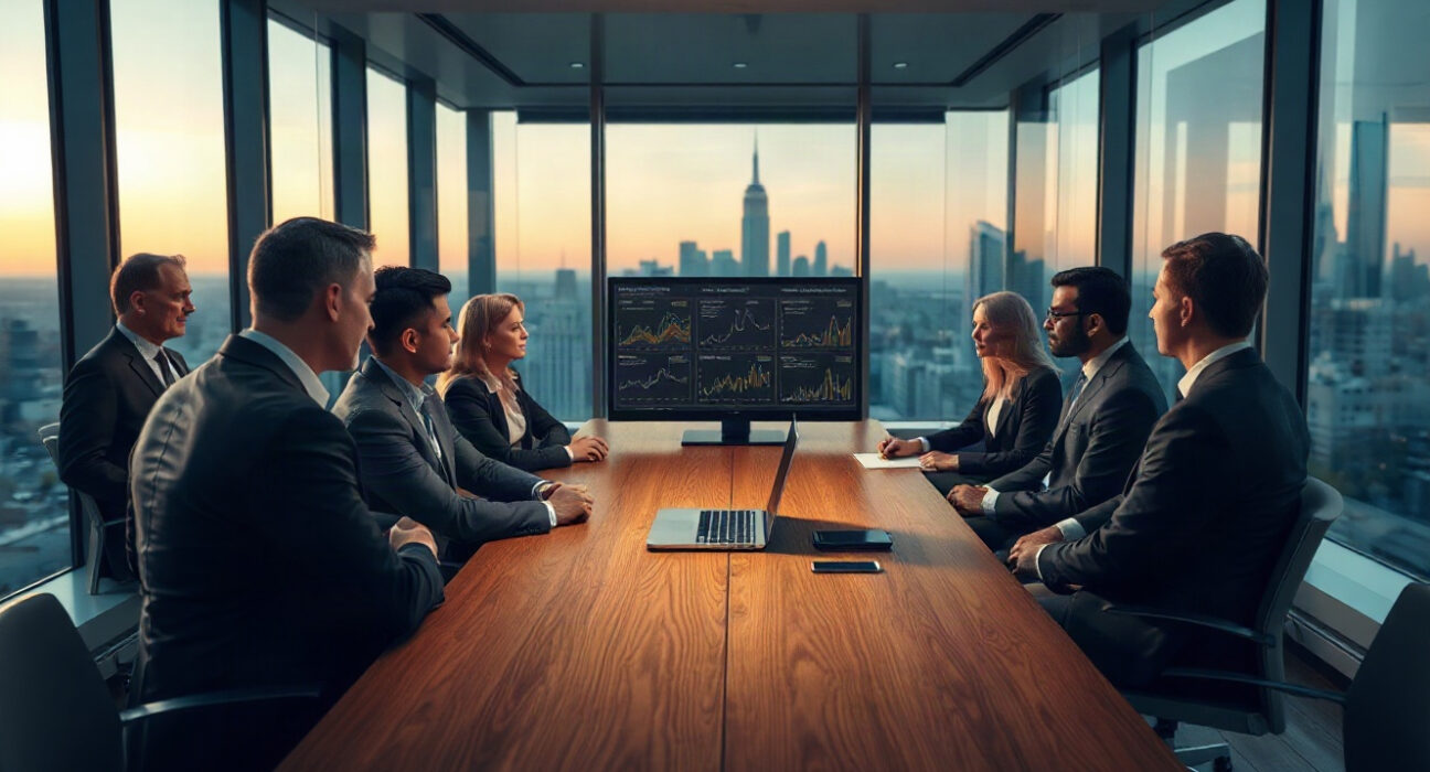 Business executives in a boardroom discussing a major tech acquisition, with a laptop showing AI data visualizations.