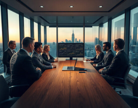 Business executives in a boardroom discussing a major tech acquisition, with a laptop showing AI data visualizations.