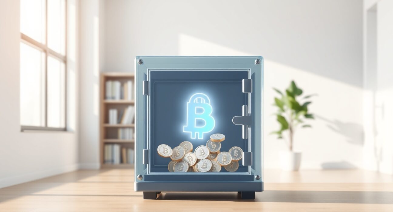Huma Finance token lock-up extension symbolized by a secure digital vault holding cryptocurrency assets.
