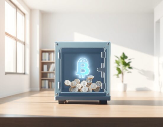 Huma Finance token lock-up extension symbolized by a secure digital vault holding cryptocurrency assets.